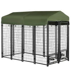 PawHut Outdoor Dog Kennel Lockable Pet Playpen Crate Welded Wire Steel Fence With Water UV Resistant Canopy Rotating Bowl Holders Door 8ft X 4ft X 6ft Green