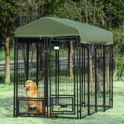 PawHut Outdoor Dog Kennel Lockable Pet Playpen Crate Welded Wire Steel Fence With Water UV Resistant Canopy Rotating Bowl Holders Door 8ft X 4ft X 6ft Green -PetPals Group shop 6014374 ALT2