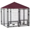 PawHut 4.6' X 4.6' X 5' Indoor/Outdoor Metal Dog Kennel Dog House With Lock Weather Resistant Canopy And 2 Bowl Holders And Bowls Black / Red -PetPals Group shop 6014382