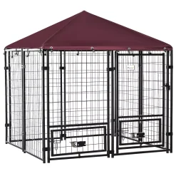 PawHut 4.6' X 4.6' X 5' Indoor/Outdoor Metal Dog Kennel Dog House With Lock Weather Resistant Canopy And 2 Bowl Holders And Bowls Black / Red