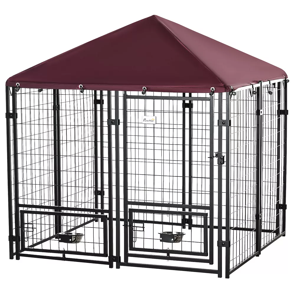 PawHut 4.6' X 4.6' X 5' Indoor/Outdoor Metal Dog Kennel Dog House With Lock Weather Resistant Canopy And 2 Bowl Holders And Bowls Black / Red 4 PawHut 4.6' X 4.6' X 5' Indoor/Outdoor Metal Dog Kennel Dog House With Lock Weather Resistant Canopy And 2 Bowl Holders And Bowls Black / Red - Image 2