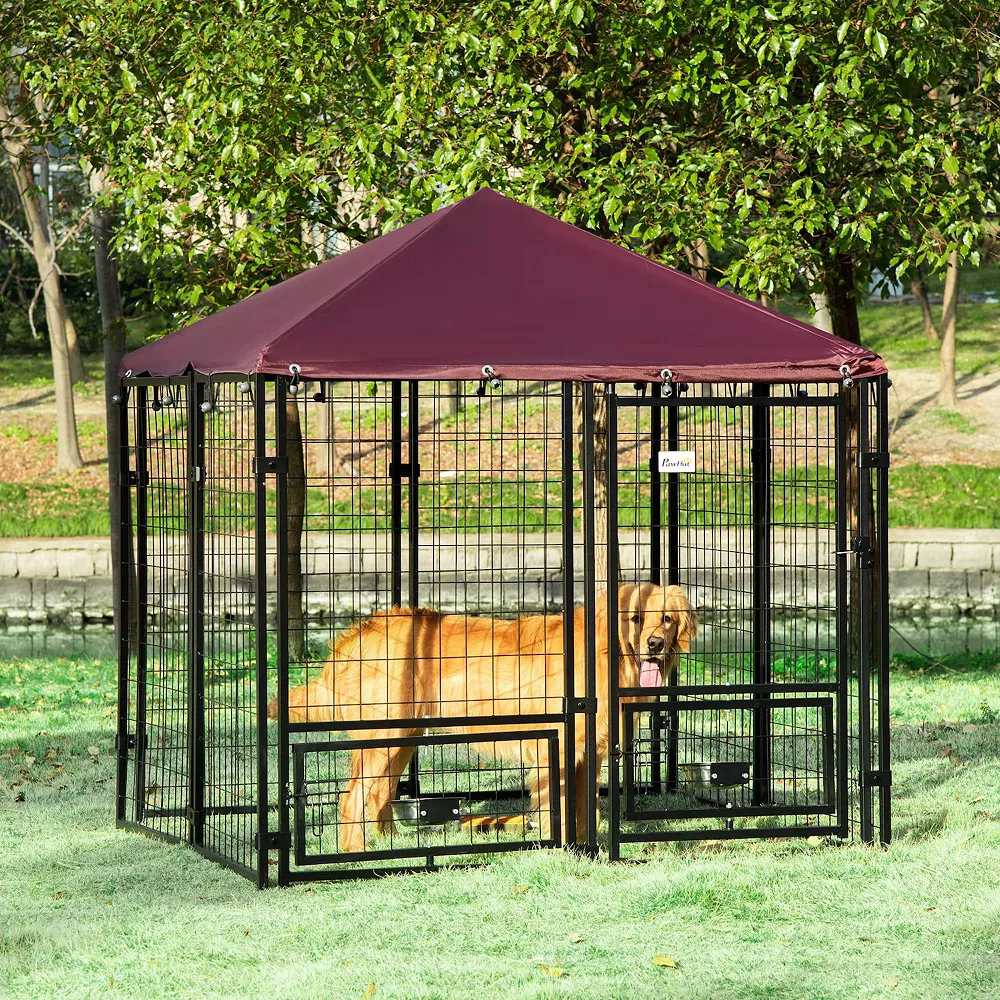 PawHut 4.6' X 4.6' X 5' Indoor/Outdoor Metal Dog Kennel Dog House With Lock Weather Resistant Canopy And 2 Bowl Holders And Bowls Black / Red 5 PawHut 4.6' X 4.6' X 5' Indoor/Outdoor Metal Dog Kennel Dog House With Lock Weather Resistant Canopy And 2 Bowl Holders And Bowls Black / Red - Image 3