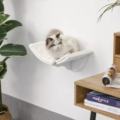 PawHut Wood Wall Mounted Cat Shelves Curved Kitten Bed Cat Perch Climber With Fleece Top 16.25" X 11" X 8.25" White -PetPals Group shop 6014407 ALT2