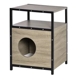 PawHut Wooden Cat House Kitty Shelter Bed W/ Soft Cushion Cat Litter Box End Table Hideaway Cabinet Storage Grey 19" X 15" X 25"