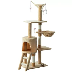 PawHut 53" Plush Sturdy Interactive Cat Condo Tower Scratching Post Activity Tree House Beige