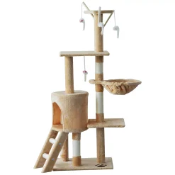 PawHut 53" Plush Sturdy Interactive Cat Condo Tower Scratching Post Activity Tree House Beige -PetPals Group shop 6021573 ALT2
