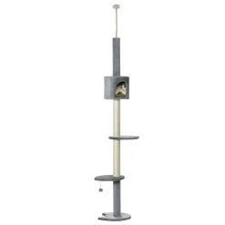 PawHut 85" Cat Tree Height Adjustable Floor To Ceiling 4 Tier Kitty Climbing Activity Center Condo Cat Toy With Scratching Post Hanging Balls Play Rest Post Pet Furniture Grey -PetPals Group shop 6021592 ALT2