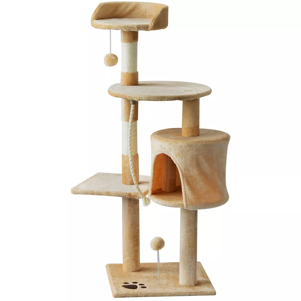 PawHut 45" Plush Sturdy Interactive Cat Condo Tower Scratching Post Activity Tree House Beige/ White 5 PawHut 45" Plush Sturdy Interactive Cat Condo Tower Scratching Post Activity Tree House Beige/ White - Image 3