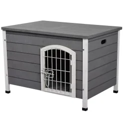 PawHut 31"L Wooden Decorative Dog Cage Kennel Wire Door With Lock Small Animal House With Openable Top Removable Bottom Grey