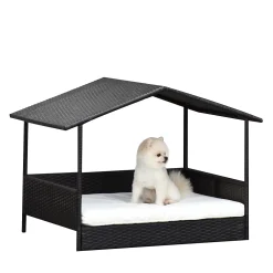 PawHut Wicker Dog House Raised Rattan Bed For Indoor/Outdoor With Cushion Lounge Cream -PetPals Group shop 6021642 ALT2