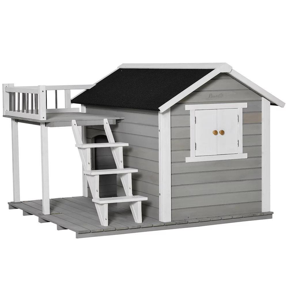 PawHut Wooden Outdoor Dog House 2 Tier Raised Pet Shelter With Stairs Weather Resistant Roof And Balcony For Medium Large Sized Dogs Up To 55 Lbs 3 PawHut Wooden Outdoor Dog House 2 Tier Raised Pet Shelter With Stairs Weather Resistant Roof And Balcony For Medium Large Sized Dogs Up To 55 Lbs