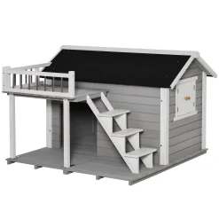 PawHut Wooden Outdoor Dog House 2 Tier Raised Pet Shelter With Stairs Weather Resistant Roof And Balcony For Medium Large Sized Dogs Up To 55 Lbs 6 PawHut Wooden Outdoor Dog House 2 Tier Raised Pet Shelter With Stairs Weather Resistant Roof And Balcony For Medium Large Sized Dogs Up To 55 Lbs -PetPals Group shop 6021808 ALT