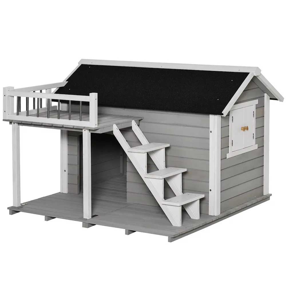 PawHut Wooden Outdoor Dog House 2 Tier Raised Pet Shelter With Stairs Weather Resistant Roof And Balcony For Medium Large Sized Dogs Up To 55 Lbs 4 PawHut Wooden Outdoor Dog House 2 Tier Raised Pet Shelter With Stairs Weather Resistant Roof And Balcony For Medium Large Sized Dogs Up To 55 Lbs - Image 2