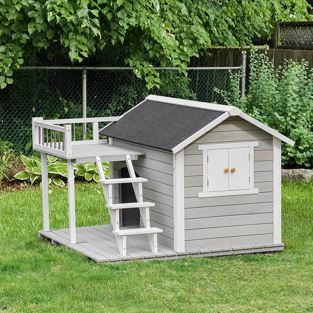 PawHut Wooden Outdoor Dog House 2 Tier Raised Pet Shelter With Stairs Weather Resistant Roof And Balcony For Medium Large Sized Dogs Up To 55 Lbs 5 PawHut Wooden Outdoor Dog House 2 Tier Raised Pet Shelter With Stairs Weather Resistant Roof And Balcony For Medium Large Sized Dogs Up To 55 Lbs - Image 3