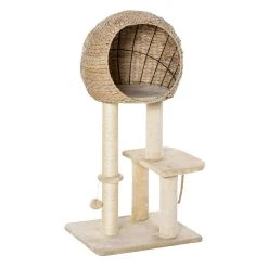 PawHut Cat Tree With Sisal Scratching Post Condo And Hanging Rope 44" H Beige