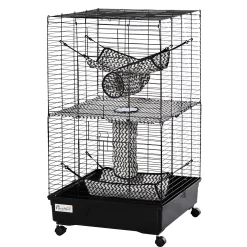 PawHut Small Animal Cage Habitat For Ferret With Wheels Hammocks Tunnels And 3 Doors Black