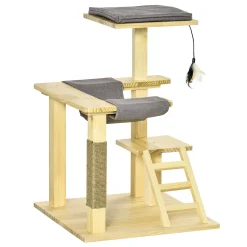 PawHut 25" Cat Tree Kitty Activity Center Pinewood Climbing Toy Indoor Pet Furniture With Jute Scratching Post Bed Perch Hanging Ladder Cushion Natural -PetPals Group shop 6021837 ALT