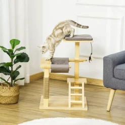 PawHut 25" Cat Tree Kitty Activity Center Pinewood Climbing Toy Indoor Pet Furniture With Jute Scratching Post Bed Perch Hanging Ladder Cushion Natural -PetPals Group shop 6021837 ALT2