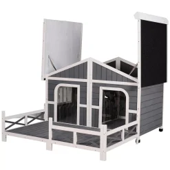PawHut 59"x64"x39" Wood Large Dog House Cabin Style Elevated Pet Shelter W/Porch Deck Grey -PetPals Group shop 6021859 ALT2