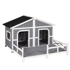 PawHut 59"x64"x39" Wood Large Dog House Cabin Style Elevated Pet Shelter W/Porch Deck Grey