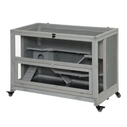 PawHut Wooden Hamster Cage Mice Rodent Small Animals Kit Hutch 3 Tiers Exercise Play House With Wheels Bottom Tray 39" X 19" X 27.25" Light Grey -PetPals Group shop 6030853 ALT