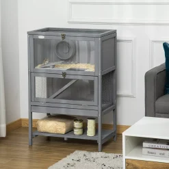 PawHut Wooden Hamster Cage Mice Rodent Small Animals Kit Hutch 2 Tier Exercise Play House With Storage Shelf Sliding Tray Seesaw Running Wheel Lockable Roof 23" X 15" X 35" Grey -PetPals Group shop 6030857 ALT2