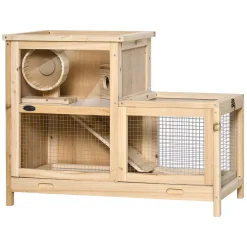 PawHut Wooden Hamster Cage Mice Rodent Small Animals Kit Hutch 2 Tiers Exercise Play House With Sliding Tray Ladder Seesaw Running Wheel Openable Roofs 31" X 16" X 23" Natural Wood -PetPals Group shop 6031155 ALT