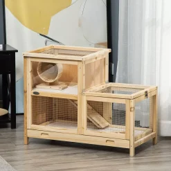 PawHut Wooden Hamster Cage Mice Rodent Small Animals Kit Hutch 2 Tiers Exercise Play House With Sliding Tray Ladder Seesaw Running Wheel Openable Roofs 31" X 16" X 23" Natural Wood -PetPals Group shop 6031155 ALT2