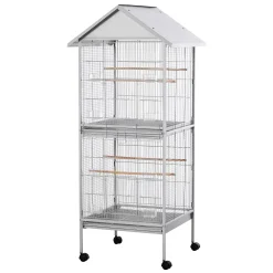 PawHut Wrought Metal Bird Cage Feeder With Rolling Stand Perches Food Containers Doors Wheels 67" H White -PetPals Group shop 6031180 ALT