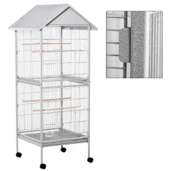 PawHut Wrought Metal Bird Cage Feeder With Rolling Stand Perches Food Containers Doors Wheels 67" H White -PetPals Group shop 6031180 ALT2