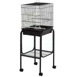 PawHut 44" Metal Indoor Bird Cage Starter Kit With Detachable Rolling Stand Storage Basket And Accessories Black -PetPals Group shop 6031247 ALT2