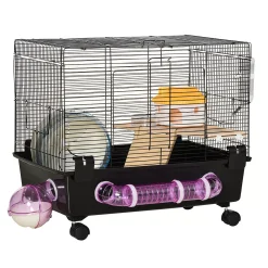 PawHut Multi Tier Hamster Cage Small Animal Habitat For Hamsters And Gerbils Mesh Wire Ventilated Enclosure With Exercise Wheel Water Bottle And Food Dishes
