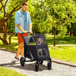 PawHut One-Click Foldable Doggy Stroller For Medium Large Dogs, Pet Stroller With Storage, Smooth Ride With Shock Absorption, Mesh Window, Safety Leash, Big Dog Walking Stroller, Gray -PetPals Group shop 6252430 ALT
