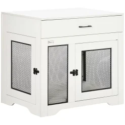 PawHut Dog Crate Furniture With Soft Water-Resistant Cushion, Dog Crate End Table With Drawer, Puppy Crate For Small Dogs Indoor With 2 Doors, White