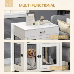 PawHut Dog Crate Furniture With Soft Water-Resistant Cushion, Dog Crate End Table With Drawer, Puppy Crate For Small Dogs Indoor With 2 Doors, White -PetPals Group shop 6252439 ALT3
