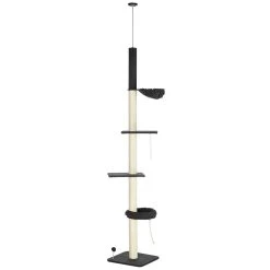 PawHut Floor To Ceiling Cat Tree, 5-Tier Cat Climbing Tower, 95''-106'' Height Adjustable With Carpeted Platforms, Cozy Bed, Hammock, Scratching Post & Toy Ball For Indoor Cats, Black And Cream