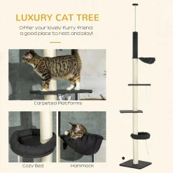 PawHut Floor To Ceiling Cat Tree, 5-Tier Cat Climbing Tower, 95''-106'' Height Adjustable With Carpeted Platforms, Cozy Bed, Hammock, Scratching Post & Toy Ball For Indoor Cats, Black And Cream -PetPals Group shop 6258874 ALT3