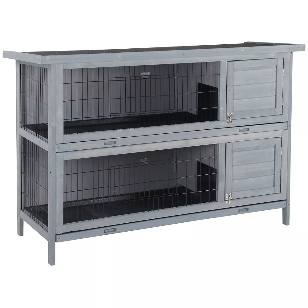 PawHut Wooden Bunny Cage W/ Dividers And Pull Out Trays For Outdoors, Grey 3 PawHut Wooden Bunny Cage W/ Dividers And Pull Out Trays For Outdoors, Grey