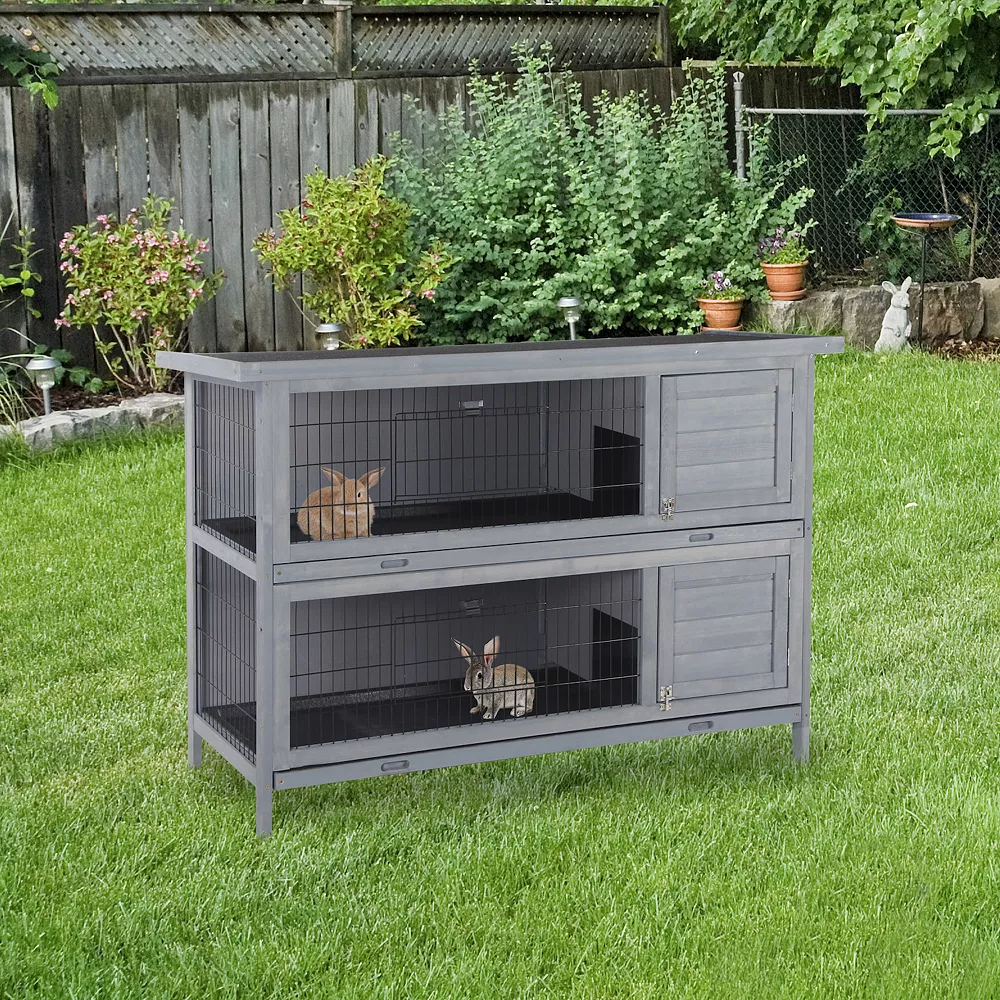 PawHut Wooden Bunny Cage W/ Dividers And Pull Out Trays For Outdoors, Grey 4 PawHut Wooden Bunny Cage W/ Dividers And Pull Out Trays For Outdoors, Grey - Image 2