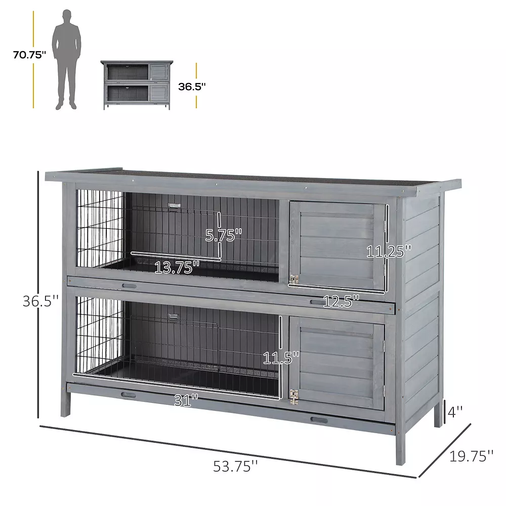 PawHut Wooden Bunny Cage W/ Dividers And Pull Out Trays For Outdoors, Grey 5 PawHut Wooden Bunny Cage W/ Dividers And Pull Out Trays For Outdoors, Grey - Image 3