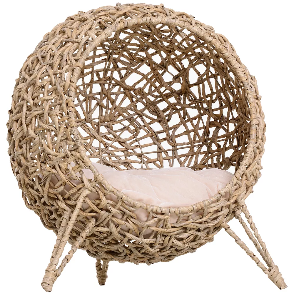 PawHut 20.5" Rattan Cat Bed, Elevated Wicker Kitten House Round Condo With Cushion, Natural 3 PawHut 20.5" Rattan Cat Bed, Elevated Wicker Kitten House Round Condo With Cushion, Natural