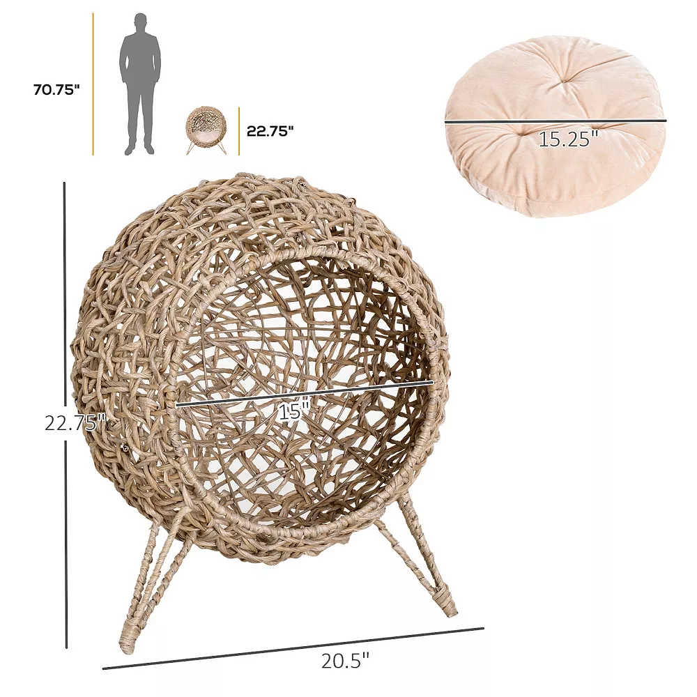 PawHut 20.5" Rattan Cat Bed, Elevated Wicker Kitten House Round Condo With Cushion, Natural 5 PawHut 20.5" Rattan Cat Bed, Elevated Wicker Kitten House Round Condo With Cushion, Natural - Image 3