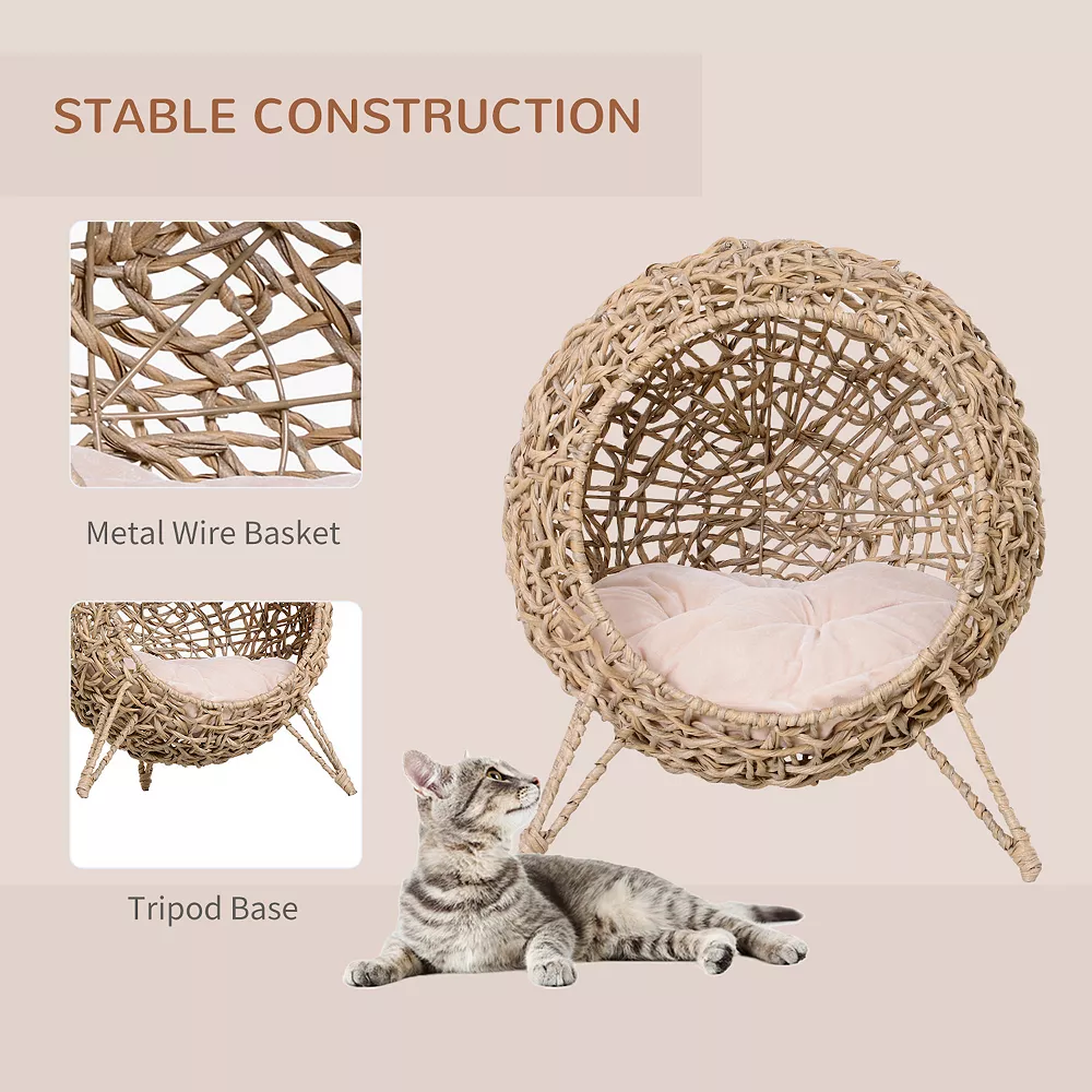 PawHut 20.5" Rattan Cat Bed, Elevated Wicker Kitten House Round Condo With Cushion, Natural 6 PawHut 20.5" Rattan Cat Bed, Elevated Wicker Kitten House Round Condo With Cushion, Natural - Image 4