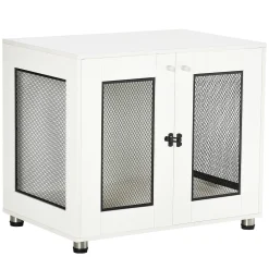 PawHut Dog Crate Furniture With Water-resistant Cushion, Dog Crate End Table With Double Doors, Indoor Pet Crate For Small Medium Dogs Indoor Use, White