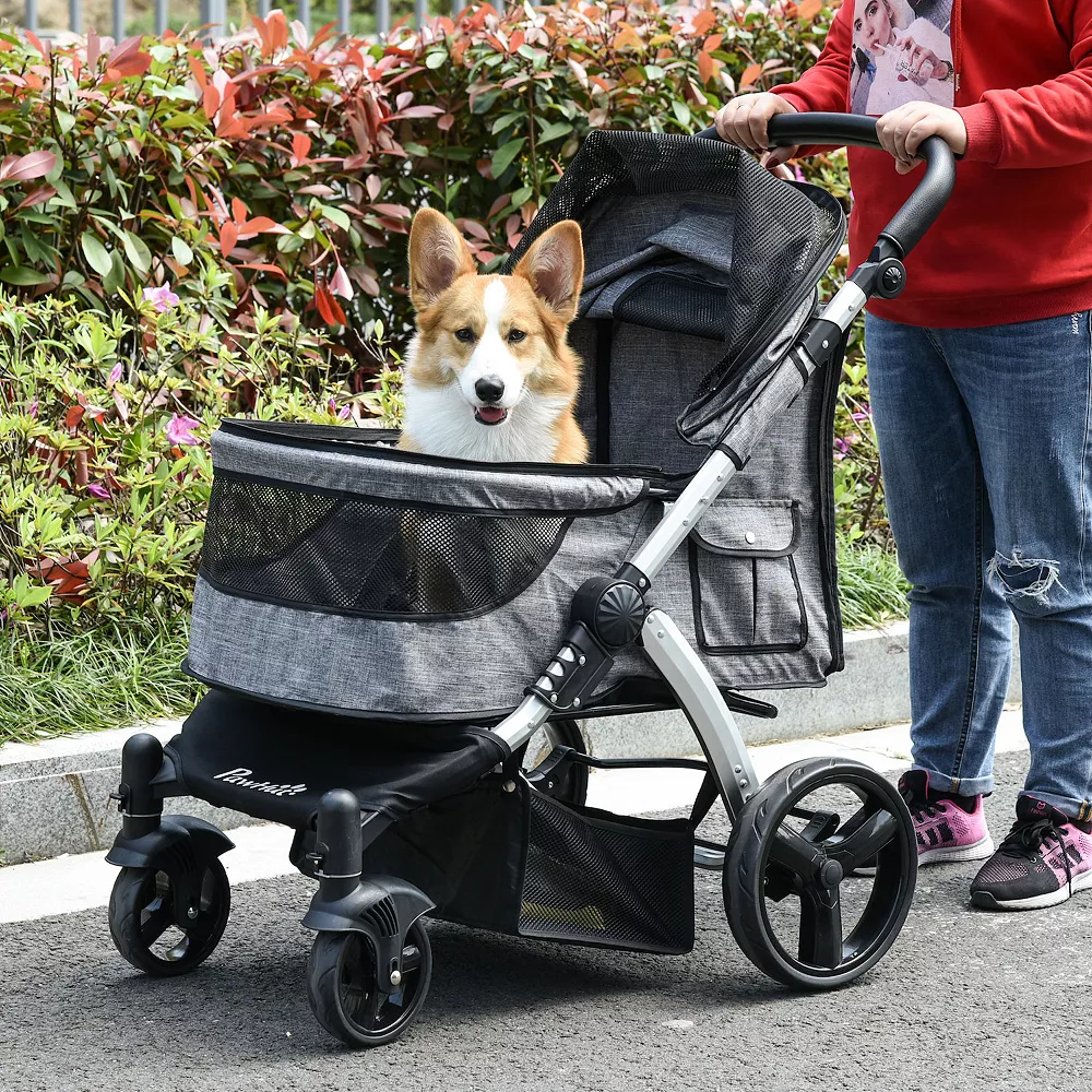 PawHut Pet Stroller Foldable Dog Cat Travel Carriage With Adjustable Handlebar PVC Wheel Brake Storage Bag Mesh Window Safety Leash Aluminum Grey 5 PawHut Pet Stroller Foldable Dog Cat Travel Carriage With Adjustable Handlebar PVC Wheel Brake Storage Bag Mesh Window Safety Leash Aluminum Grey - Image 3